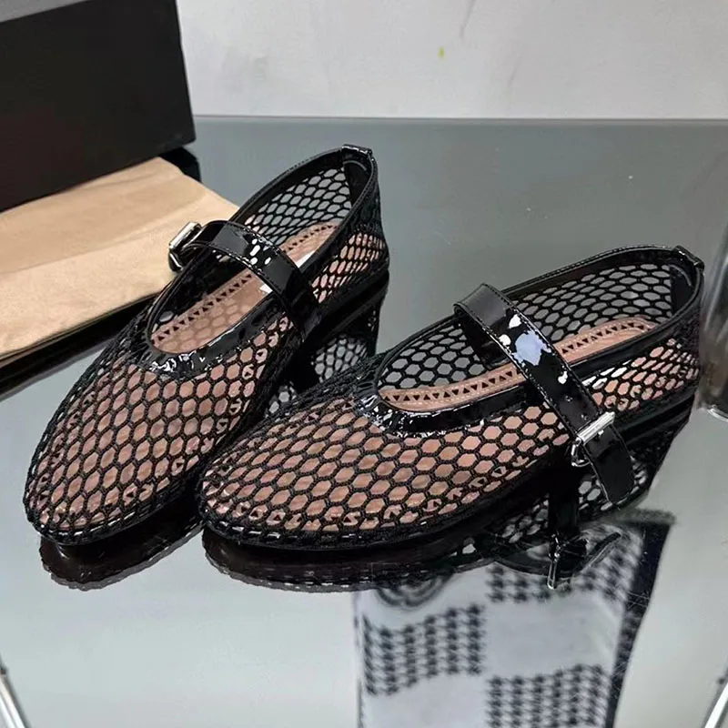 New Ballet Flat Shoes Women Mesh Hollow Outs Mary Jane Shoes Genuine Leather Loafers Rivet Studded Summer Walking Shoes Woman