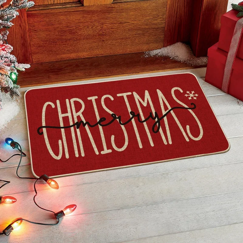 Red Merry Christmas Snowflake Welcome Decorative Doormat, Seasonal Winter Low-Profile Floor Rug Switch Mat for Outdoor flannel