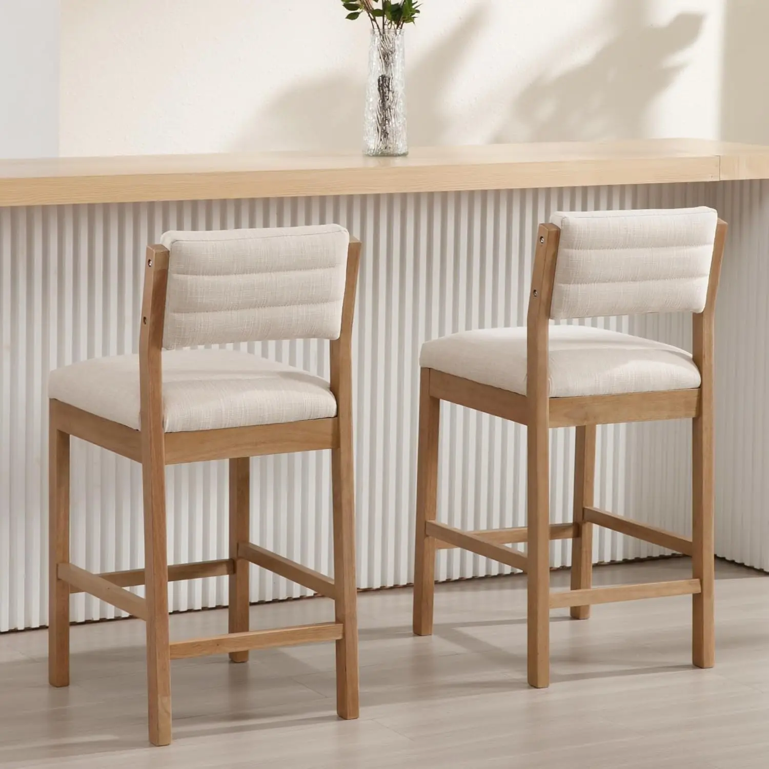 26” Bar Stools Set of 2 Linen Upholstered Kitchen Island Stools with Back Mid Century Rectangle Wood Barstools Countertop Bar Ch
