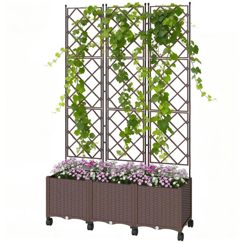 Jardinière avec treillis, bac à fleurs sur roulettes avec système d'auto-arrosage, 120x40x192cm, marron