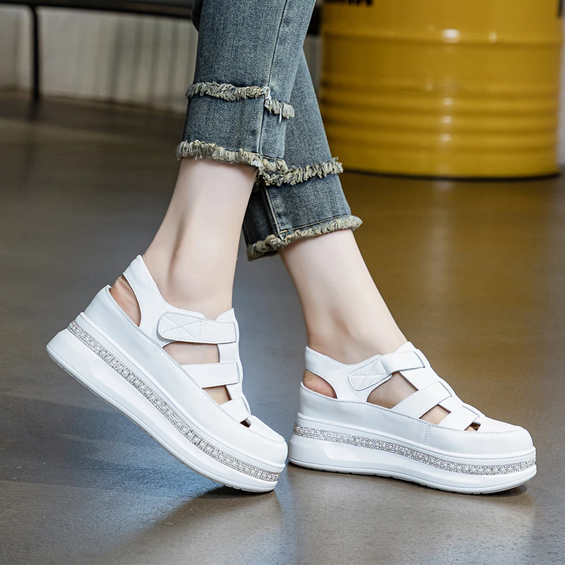 6.5cm New Genuine Leather Women Loafer Hook Sandals Platform Wedge Flats Summer Mary Jane Bling Designer Comfort Fashion Shoes