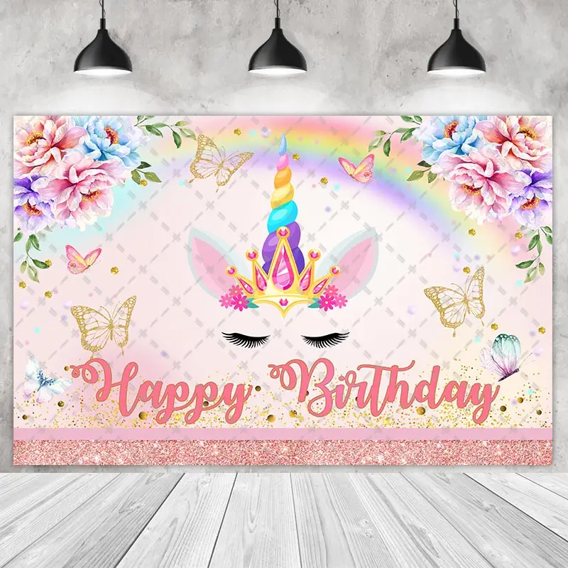 Rainbow Unicorn Party Backdrops Children Kids Photography Cake Smash Butterfly Flowers Background Shoot Customize Name Photo