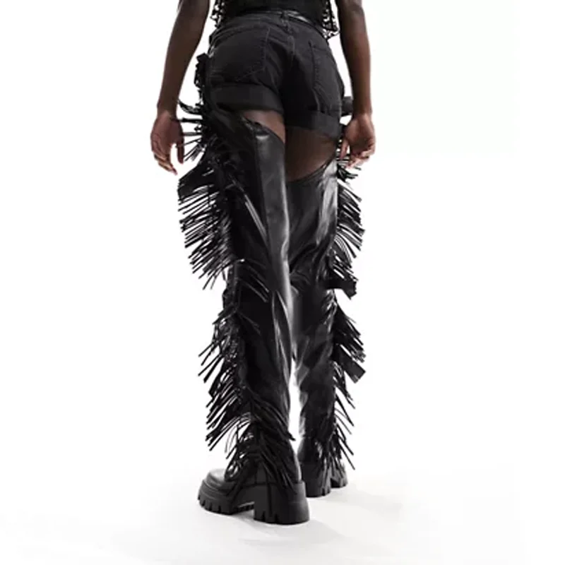 Low Heels Black Festival Women Boots Party Shoes Fringed Belted Over The Knee Boots