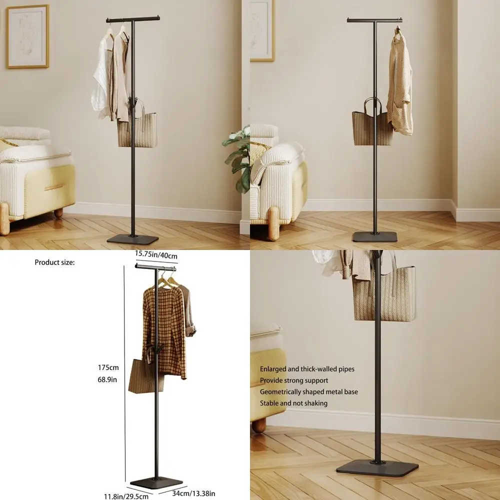 

Geometric Cast Iron Base Metal Coat Rack with Hooks, Freestanding T-Shaped Hanger