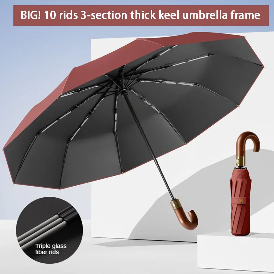 

Windproof UV protection casual folding UPF50+automatic umbrella handle curved handle design, stylish design compact sun and rain