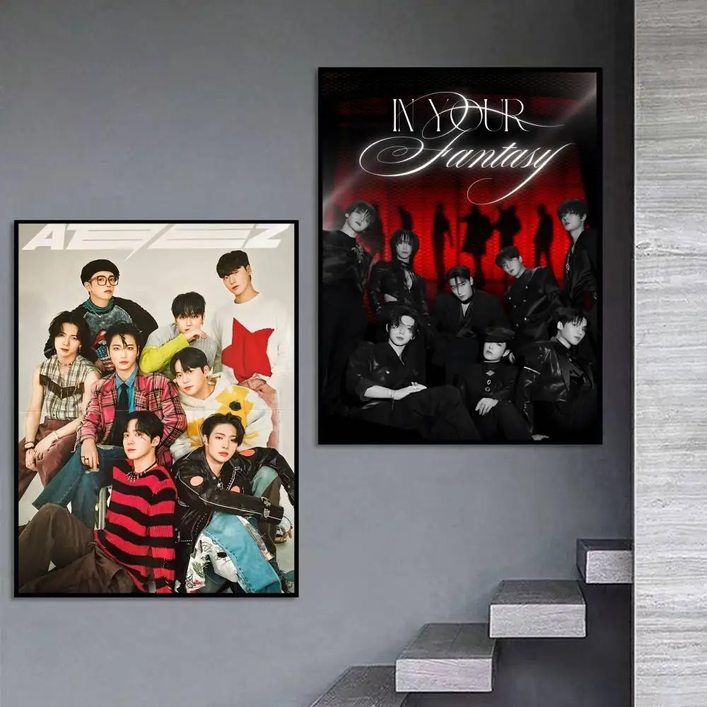 K-POP Boy Group A-ATEEZ Poster Self-adhesive Art Waterproof Paper Sticker Coffee House Bar Room Wall Decor