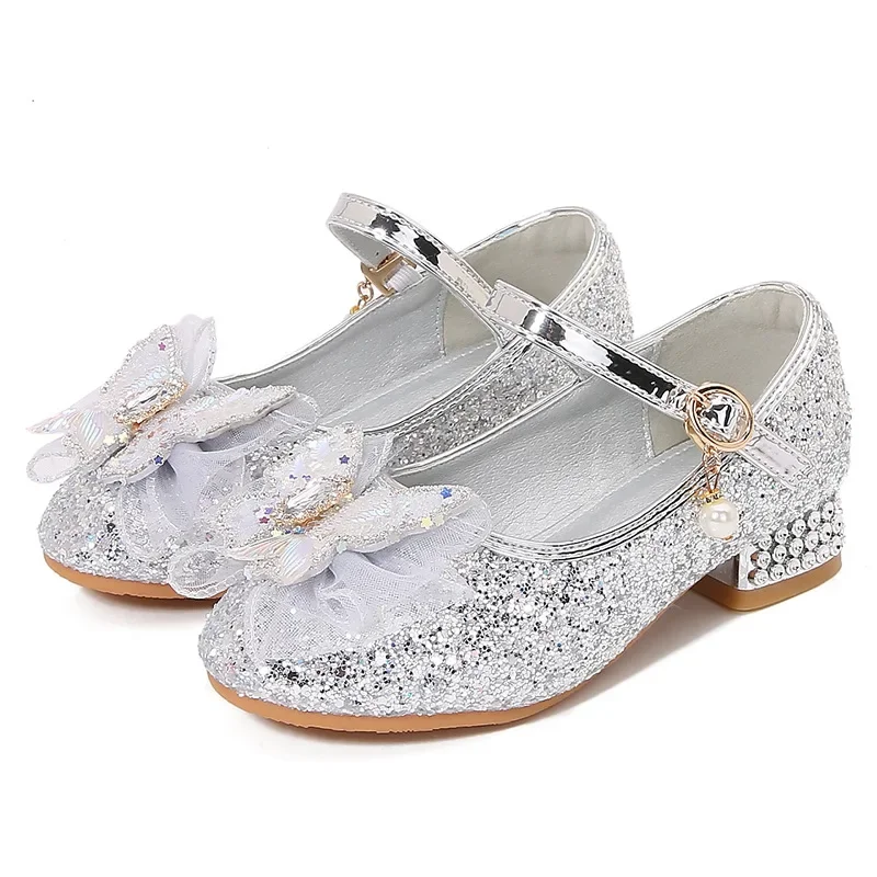 

Children's Crystal Princess Shoes 2025 Spring Girls' High Heels Fashion Bow Sequins Girls' Leather Shoes Dance Performance Shoes