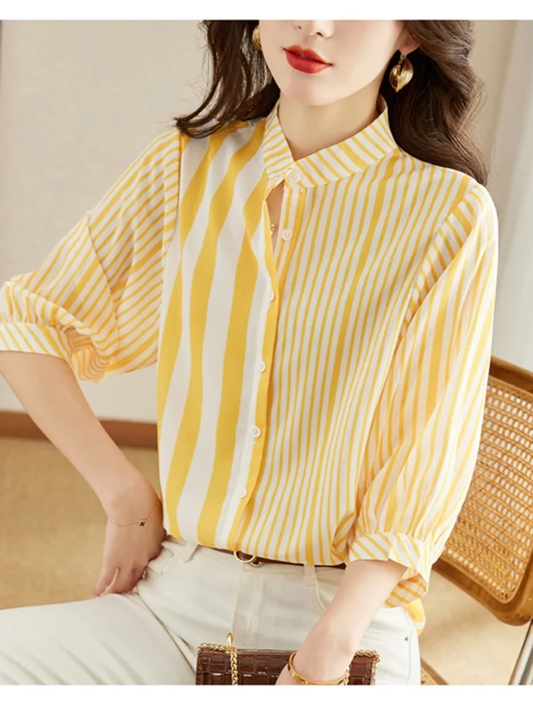 Summer Striped Print Shirts Tops Women Short Sleeve Fashion Casual Loose Pleated Ladies Blouses Korean Style Woman Shirts Tops