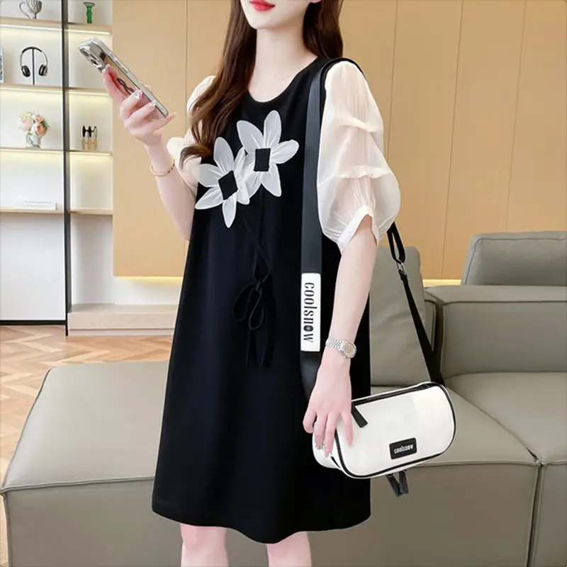 Summer Casual Sweet Floral T-shirt Stylish Three-dimensional Decoration Women\'s Clothing O-Neck Drawstring Loose Midi Pullovers