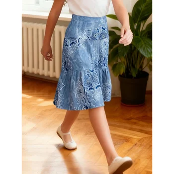 2025Girls Blue Simulated Printed Denim retro Pattern Half Skirt  Fashion All-Matching 2