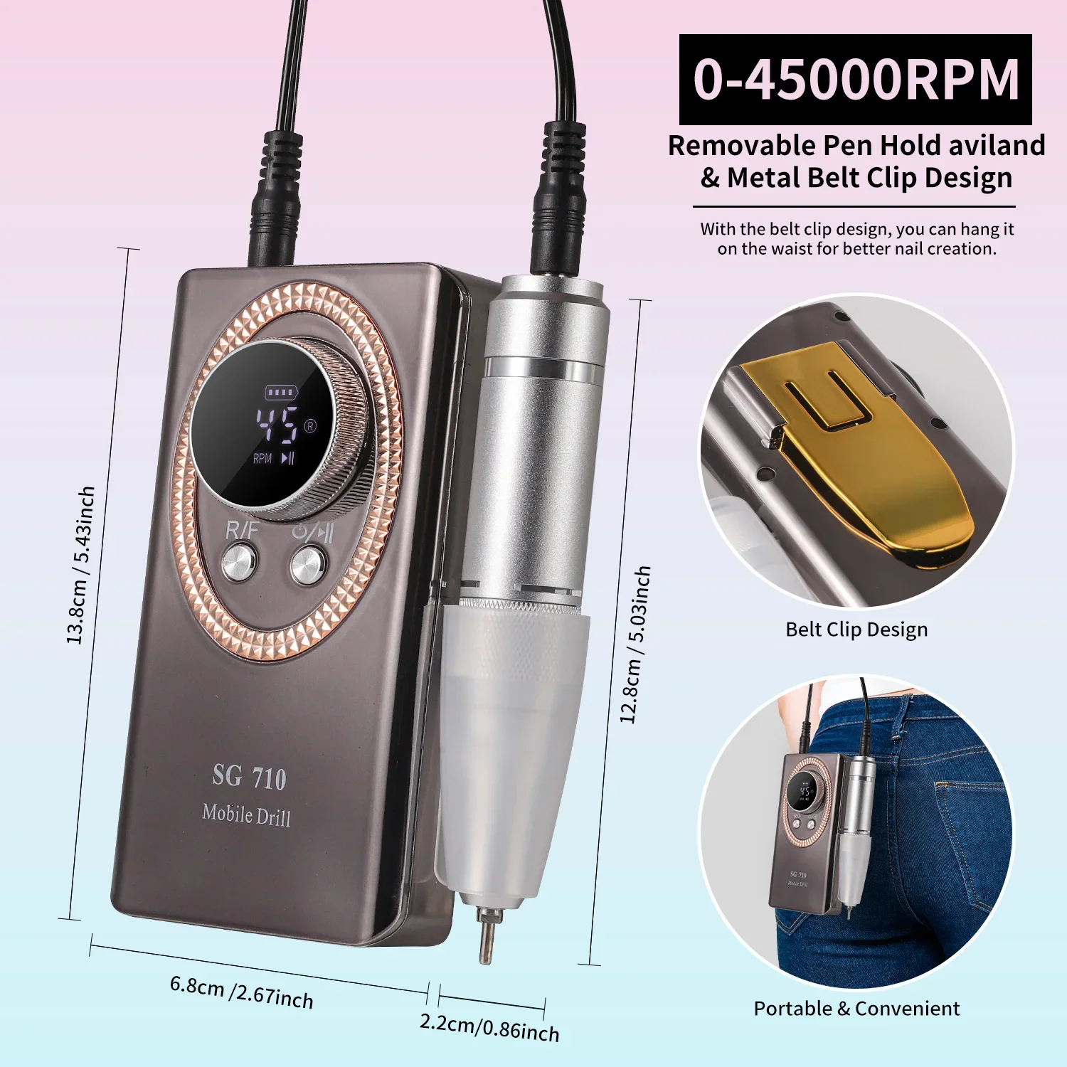 Portable Electric Nail Drill Machine 45000RPM Rechargeable Manicure Cutter with LCD Display for Acrylic Nail File