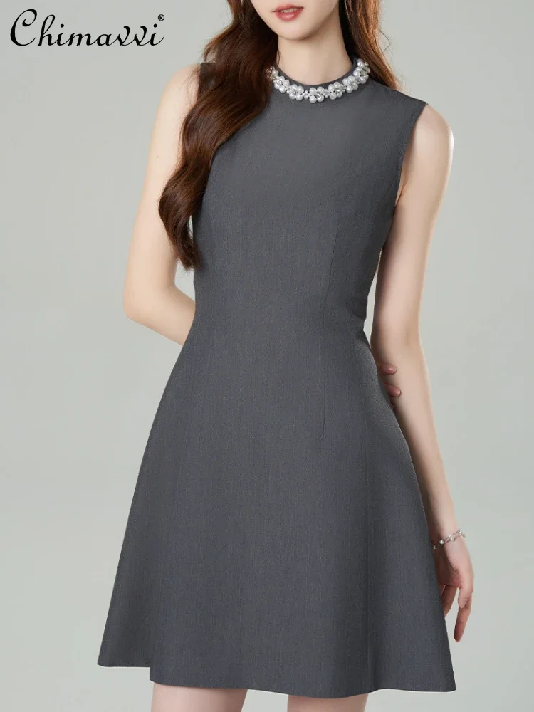 

French Elegance Temperament Beaded Diamond Round Neck Sleeveless High Waist Slim A-line Gray Socialite Short Dress Women Summer