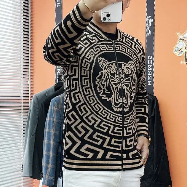 Spring and Autumn Winter Trendy Brand Tiger Head Zipper cardigan Men\'s Fat and Large Size Knitted Jacket