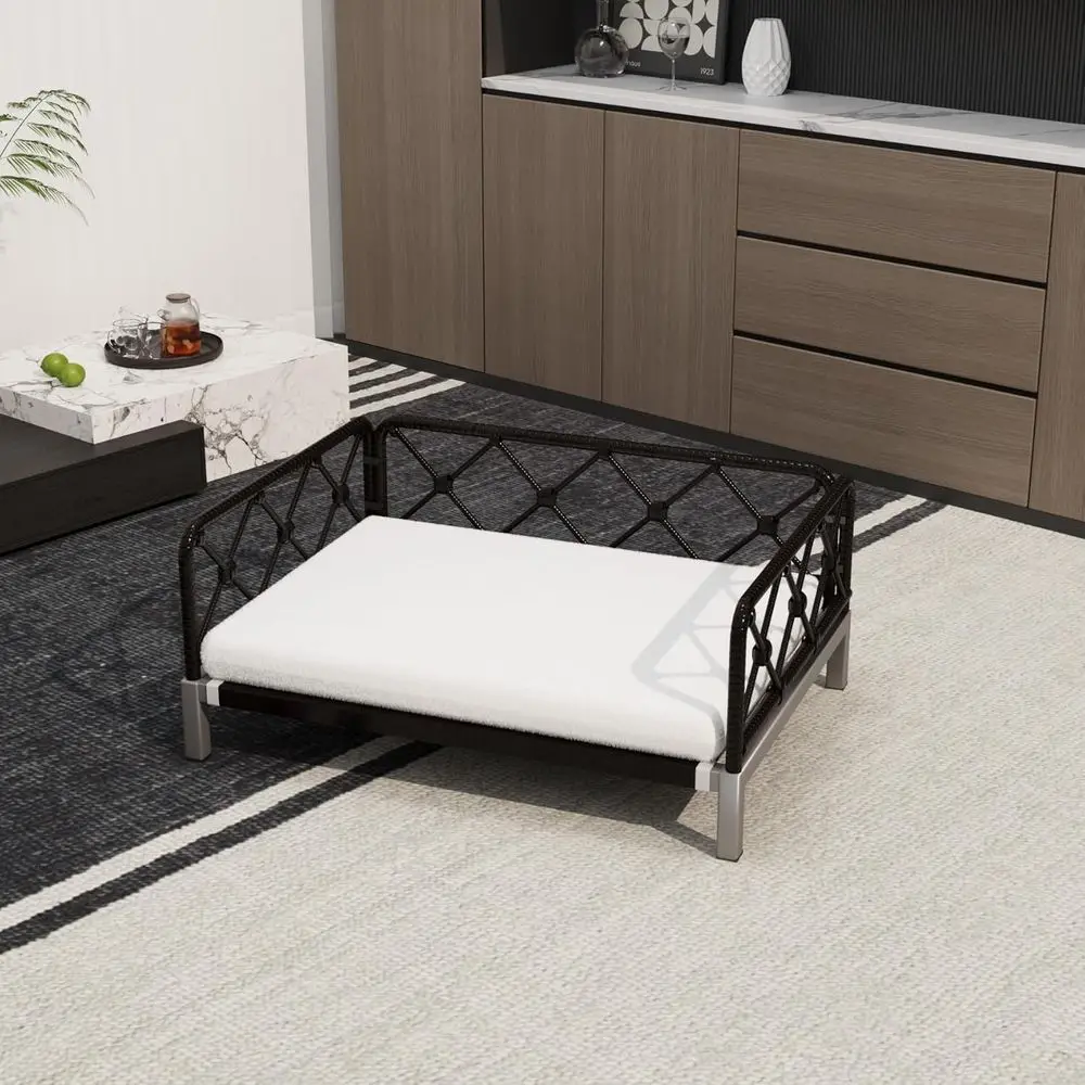 

Outdoor Rattan Dog Bed with 2 Cushion, Suitable for Small to Medium Dogs up to 66lbs (Black with White Cushion)