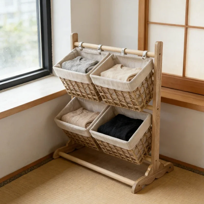 Minimalist Wood Storage Shelf Floor Standing Organizer with Woven Baskets Multi-Tier Rack for Room Snacks Books Magazine Clothes