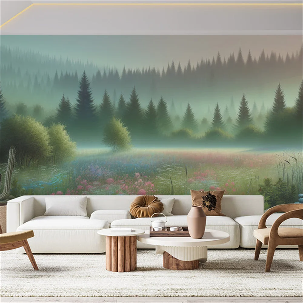 Customized Morning Mist Forest Flower Field Mural Wallpaper
