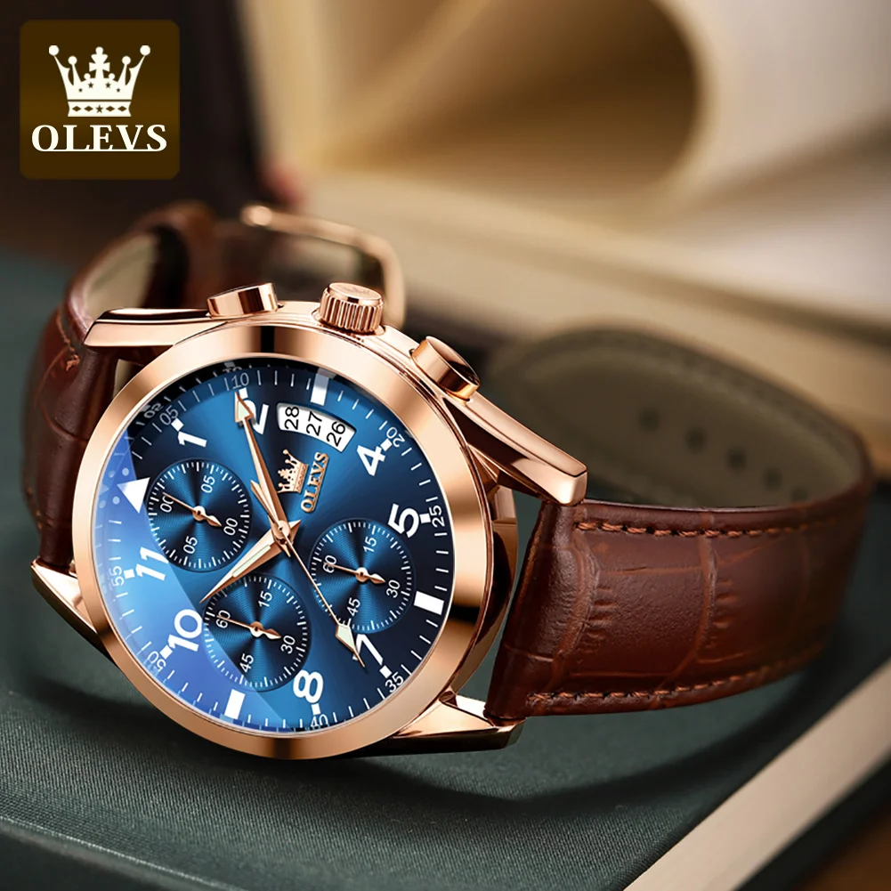 OLEVS Fashion Brand Men's Watches Leather Strap Calendar Chronometer Quartz Watch Waterproof Original Watch for Male Luminous