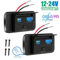 12V-24V Car Charger Outlet PD 30W and QC 3.0 18W USB C Dual Ports Fast Charging Socket Panel with Button Switch for RV Boat Car