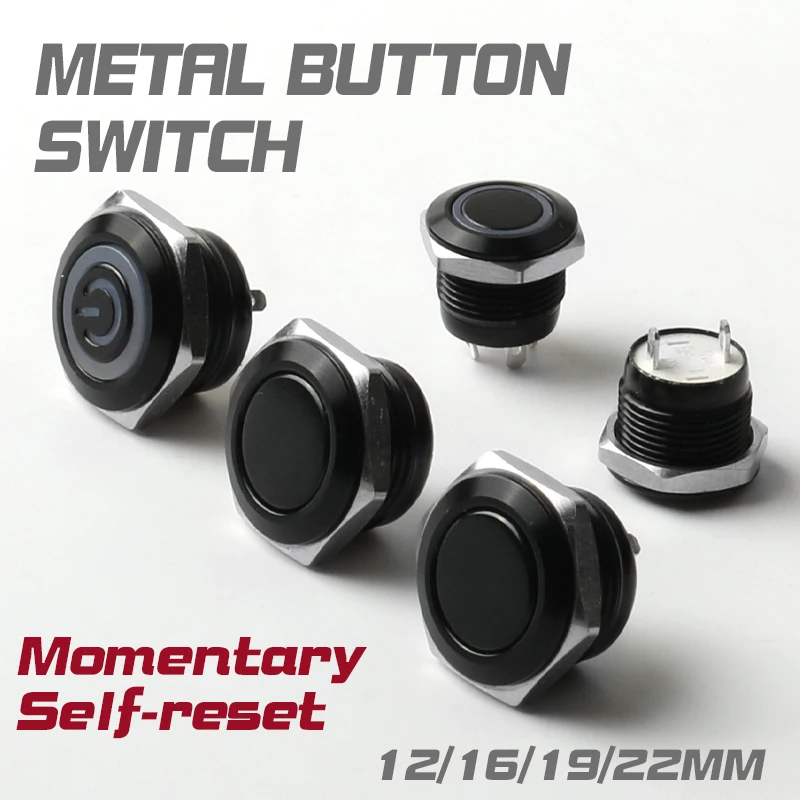 12/16/19/22mm Waterproof Momentary Self-reset High/Flat Head Ultra-Short Oxidized Black Mini Metal Push Button Switch  2Pin 1NO