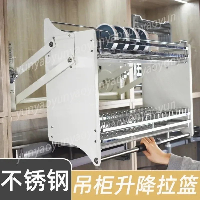 Stainless Steel Tableware Storage Double-layer Drop-down Hanging Cabinet, Buffer Lift Kitchen Basket