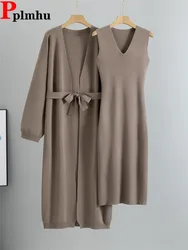 Elegant New Knitted 2 Piece Sets Women Solid Knitwears Sweater Cardigan Coats Tops Conjuntos Casual Slim Sleeveless Dress Outfit