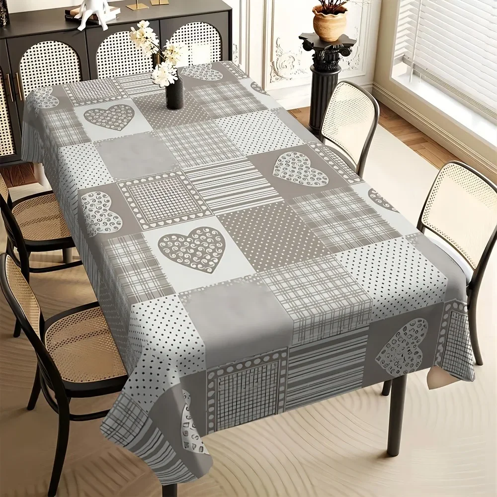 1pc - Single-sided Printing. Grey Romantic Geometric Pattern with Heart-shaped Elements Tableclothxzj