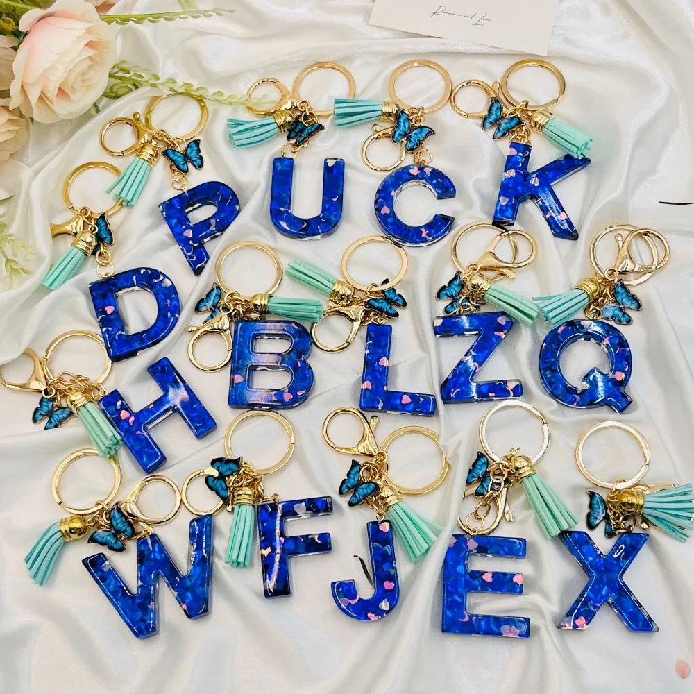 

26 English Alphabet Crystal Glazed Keychain Heart Tassels Butterfly Pendant Key Ring Sea Blue Fashion Keyring Decorative Gift