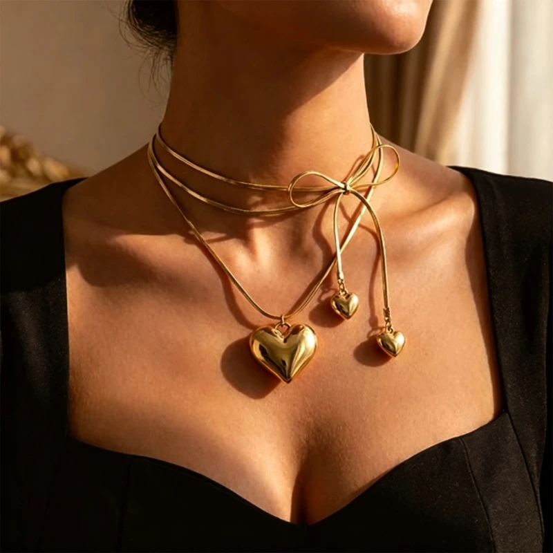 Multi-Strand Heart Pendant Necklace with Wraparound Cord, Front Tie Styling, and Gold Tone Jewelry for Dresses, Shirts, and Knit