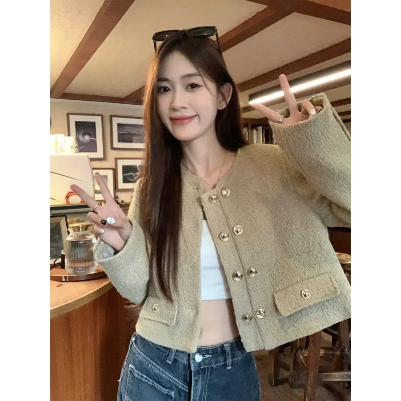 Versatile Tweed Style Jacket Women's New Sweet Spring Autumn Cropped Top With Double Row Button Round Neck Padded Shoulder