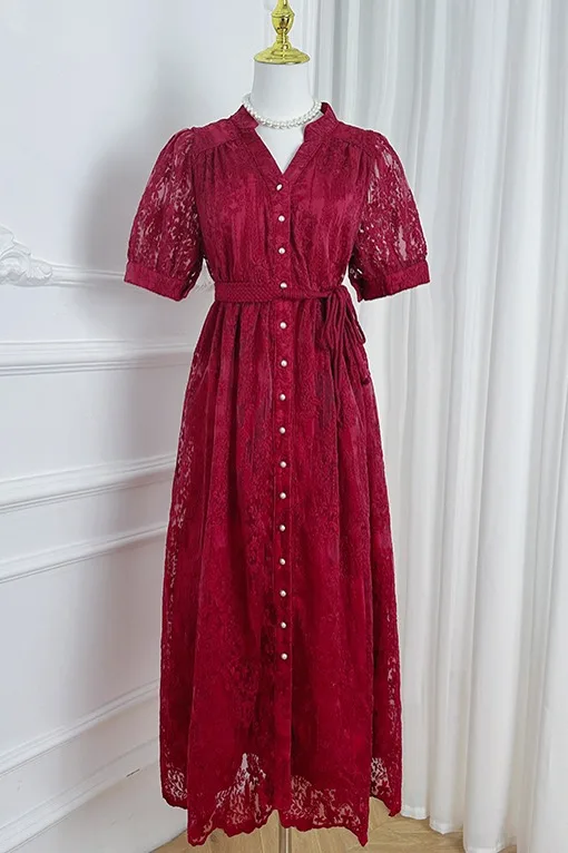 Luxury Formal Evening Long Dress Women Summer Short Sleeve Crochet Lace Embroidery Single Breasted Belt Prom Dresses Vestidos