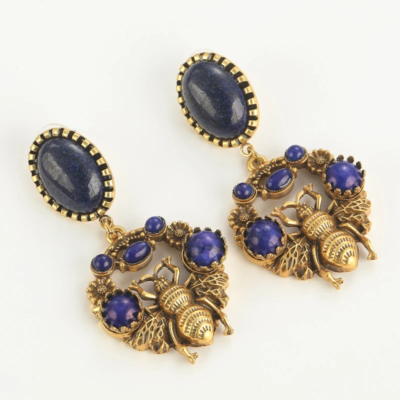 Vintage Jewelry Lapis Lazuli Moth Drop Earring Bees Gold Color Luxury Designer Blue Natural Stone Antique Wedding Bridal 2025