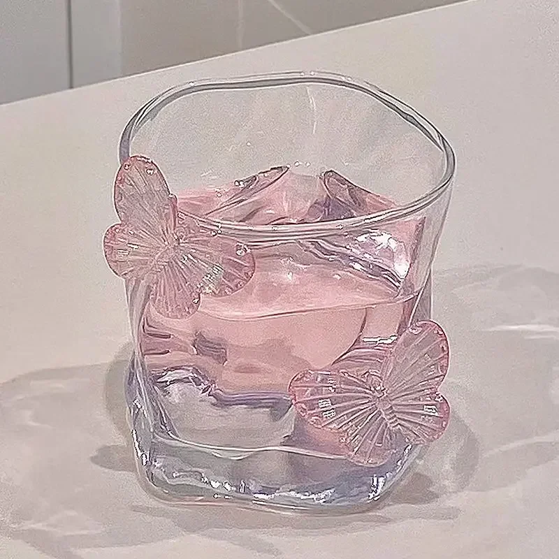 Crinkled Glass Cup with 3D Pink Butterfly for Iced Coffee Latte Water Cute Home Decor Juice Glasses Cold Drink Glassware Gift