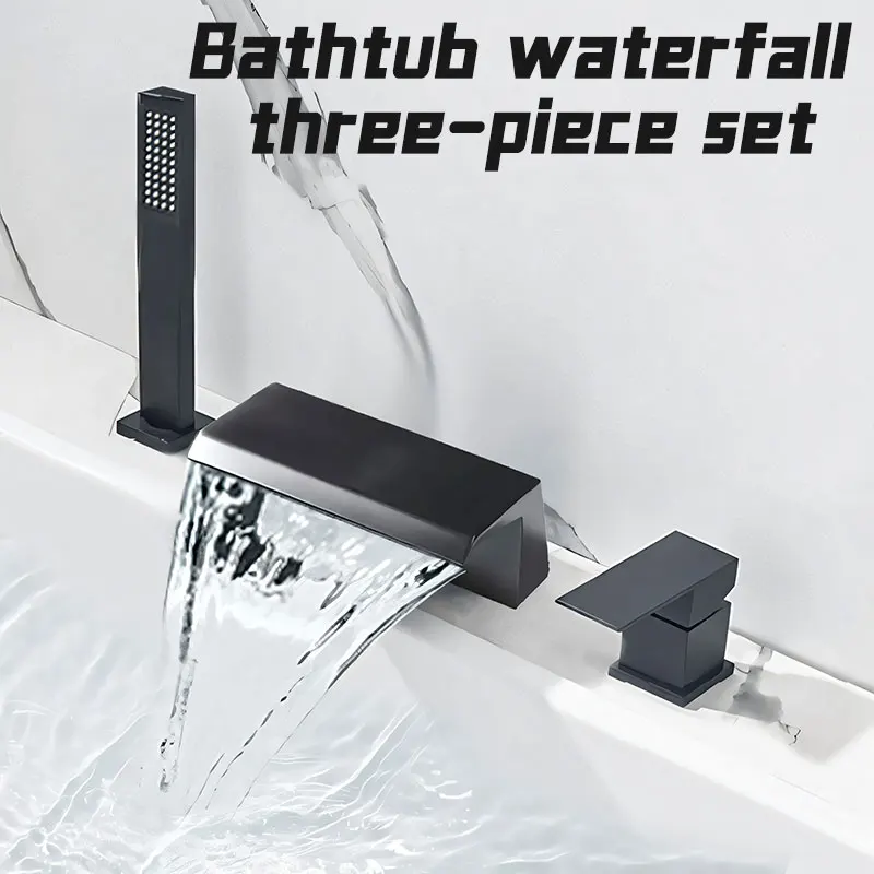 

Black Copper waterfall bathtub faucet three-hole hot and cold double control cylinder Side faucet Shower Set Square Shape