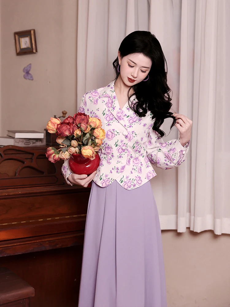 

Ретро-китайская женская блузка с цветочным принтом, приталенная, с длинным рукавом и V-образным вырезом, с завязками на талии, винтажный стиль, для весны и осени