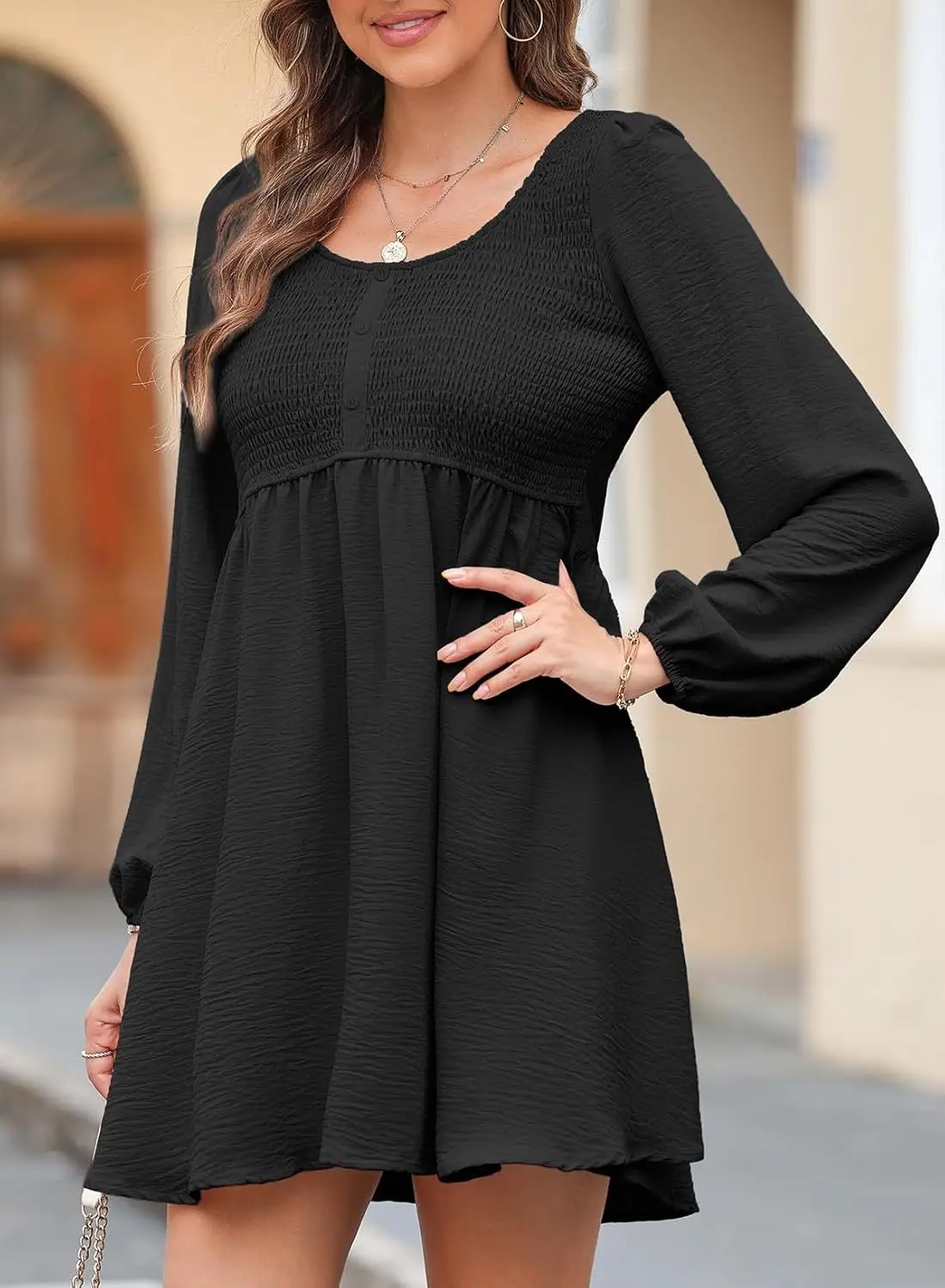 American European Women’s O-neck Puff Sleeve Above Knee Length Casual Elegant Trendy High Waist Dress New Fashion Female Clothes