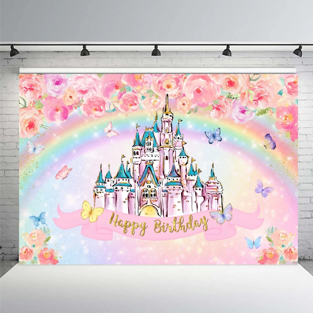 Regenboog Kasteel Fotografie Achtergronden Goud Glitter Eenhoorn Maan Kleurrijke Wolken Baby Douche Meisjes 1e Verjaardag Foto Achtergrond