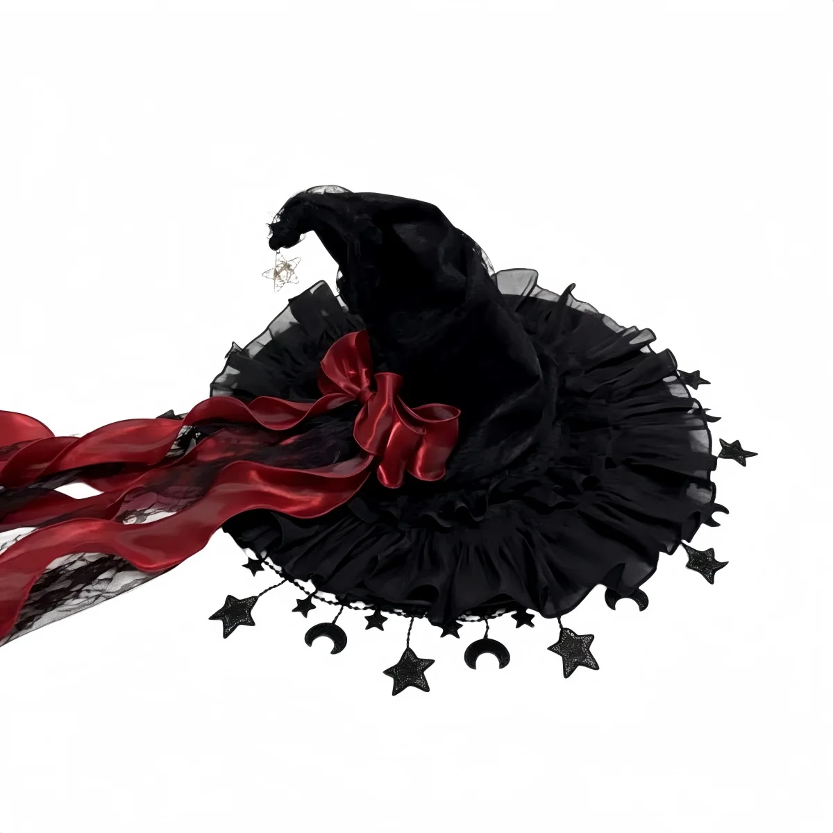 Spitzen-Samt-Hexenhut mit Spitzenbesatz und Mondanhänger für Halloween-Kostümparty, Maskerade, Cosplay-Party-Accessoire
