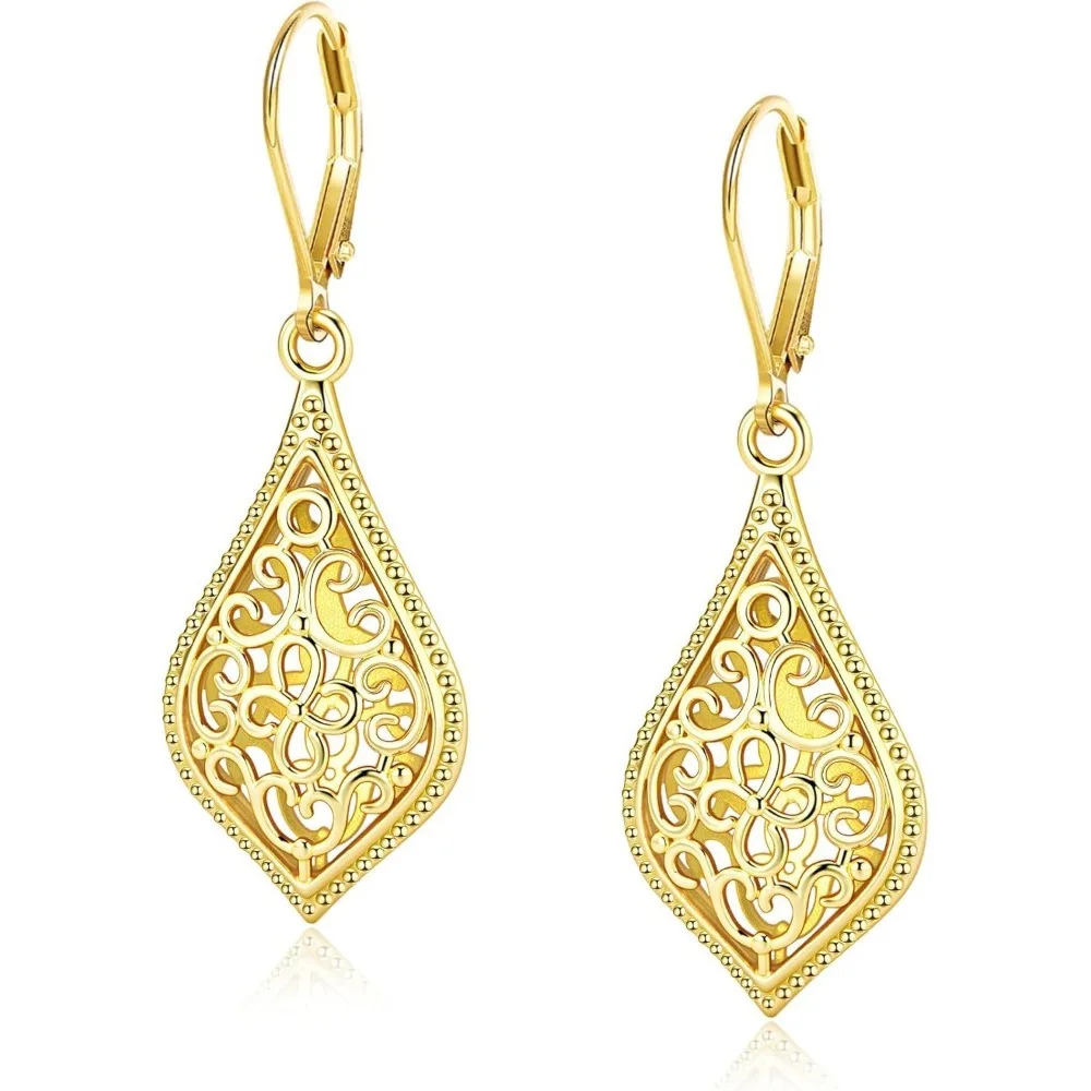 Bohemian Gold Tone Filigree Rhombus Dangle Earrings Openwork Scroll Leverback Drop Earrings for Women Wedding Party Jewelry Gift