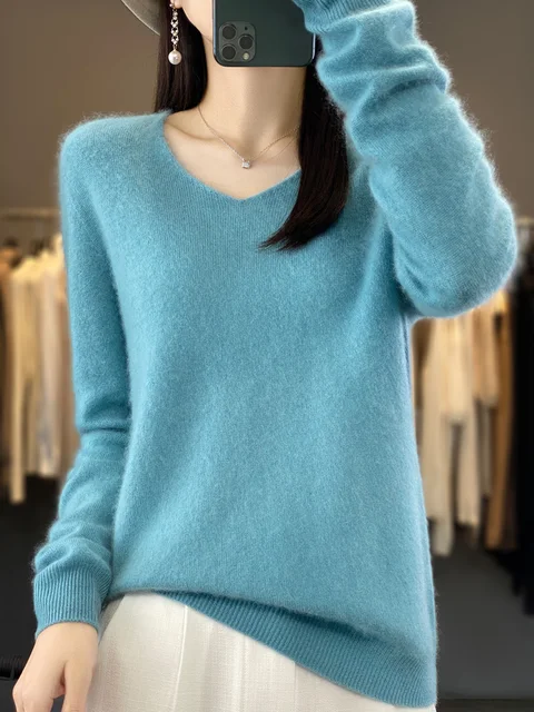 Moda 100% wełna merynosów sweter kaszmirowy sweter damski dzianina dekolt w serek z długim rękawem jesienno-zimowa moda podstawowa odzież topy