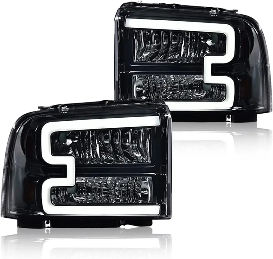 

Светодиодные фары DRL в сборе, совместимые с Ford F250 F350 F450 F550 SuperDuty 2005 2006 2007, хромированный корпус с дымчатыми линзами, янтарный Ref