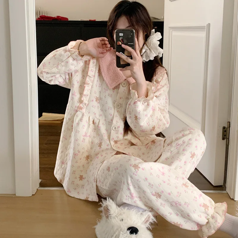 Conjunto de pijamas de algodão puro feminino outono inverno quente mangas compridas pijamas bonito confortável homewear aconchegante loungewear pijamas