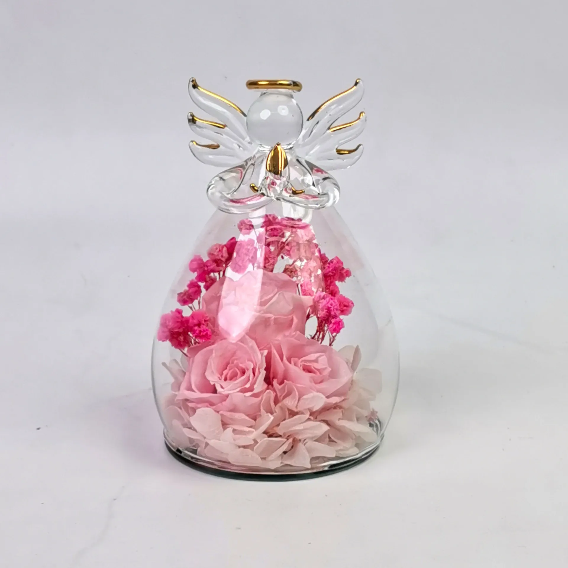 Hortensia Rose Éternelle, Vraie Fleur, Taille Ange, Produit Fini, Couvercle en Verre Fait à la Main, Ornement de Base Miroir Premium