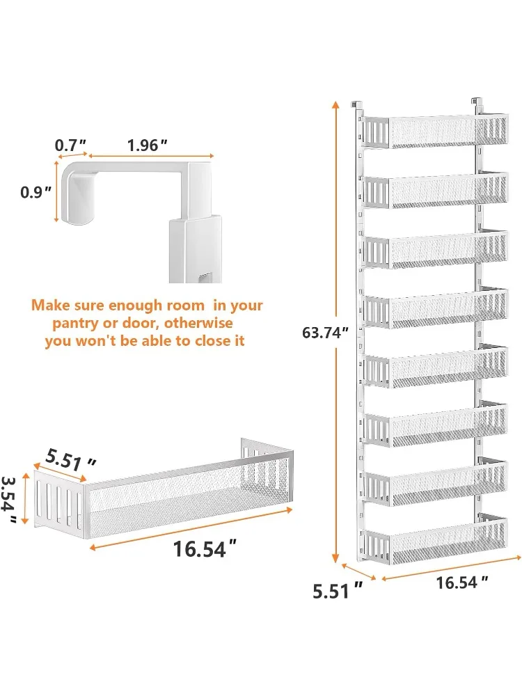 8-Tier Over The Door Pantry Organizer with Mesh Baskets, Adjustable & Stable Hanging Spice Rack for Kitchen, Bathroom