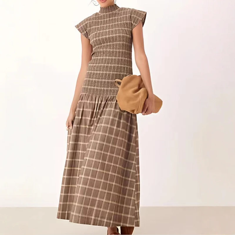 فستان صيفي طويل غير رسمي منقوش ومطبوع جديد بدون أكمام بخصر عالٍ فستان شاطئ مطوي أنيق نصف رقبة عالية فستان حفلات بقصة ضيقة #1