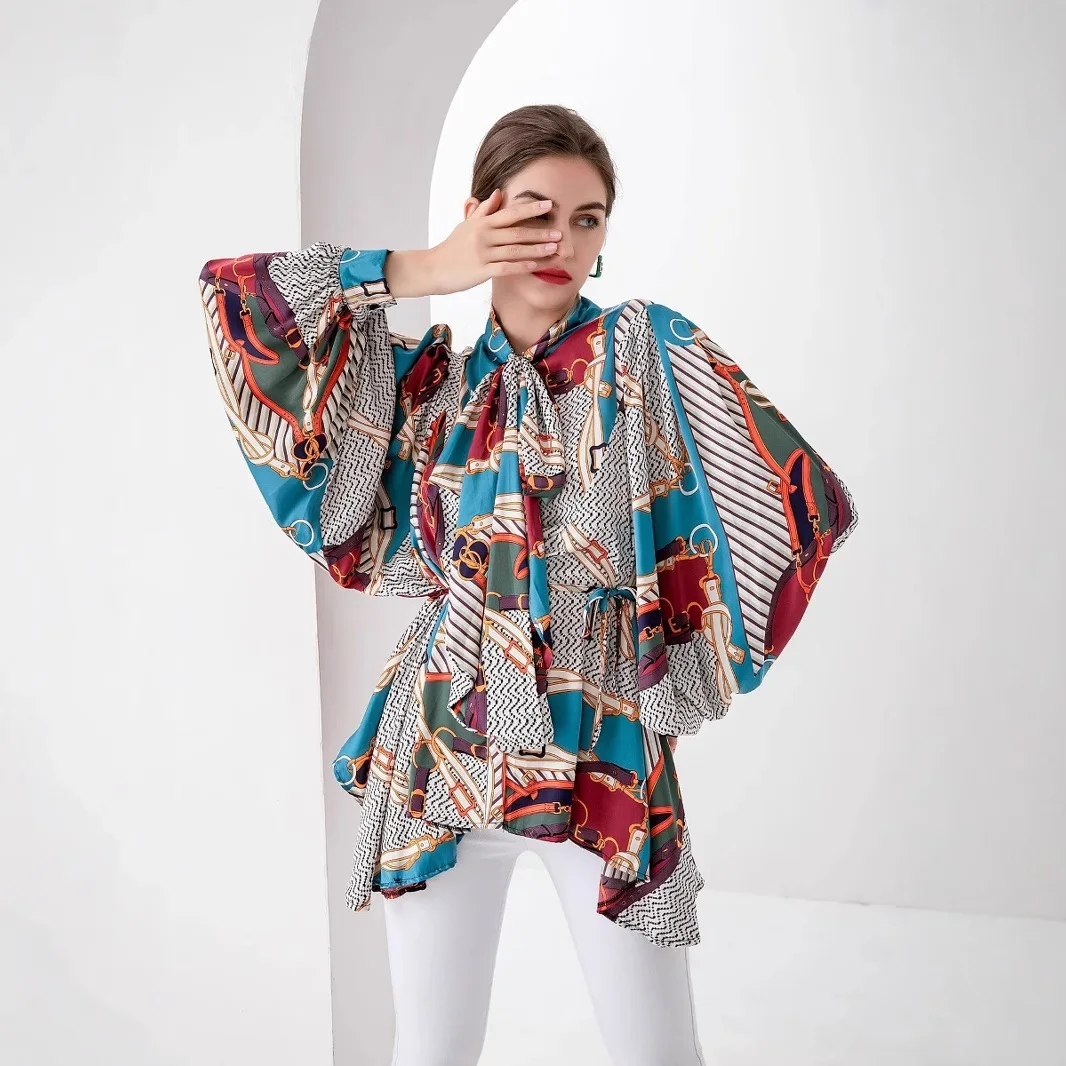 

SuperAen European and American Style Bow Belt Printed Lantern Sleeve Personalized Printed Asymmetrical Shirt Sweet Elegant Tops