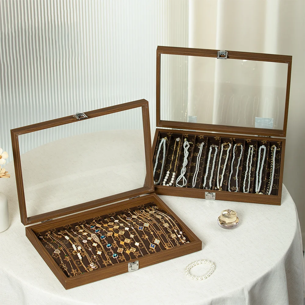PEARLCINEMA Vintage Wooden Jewelry Box - Premium Necklace & Bracelet Storage Organizer with Velvet Lining (35x24x5cm, Holds 20 P