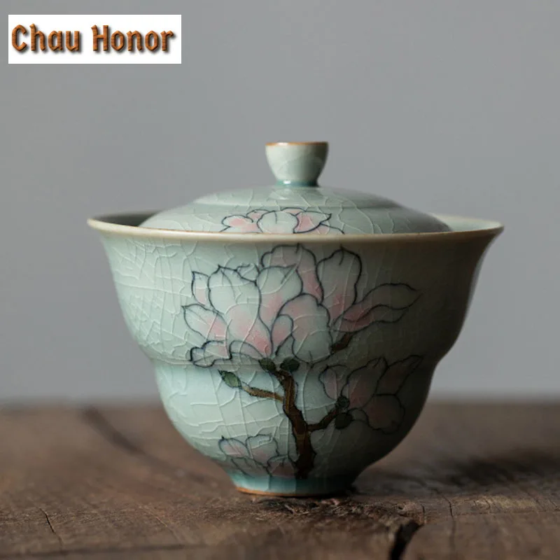 125ML Borneol Glaze Ceramic Tea Tureen Can Raise Hand-painted Magnolia Art Tea Maker Gaiwan Tea Bowl With Cover Kung Fu Teaware