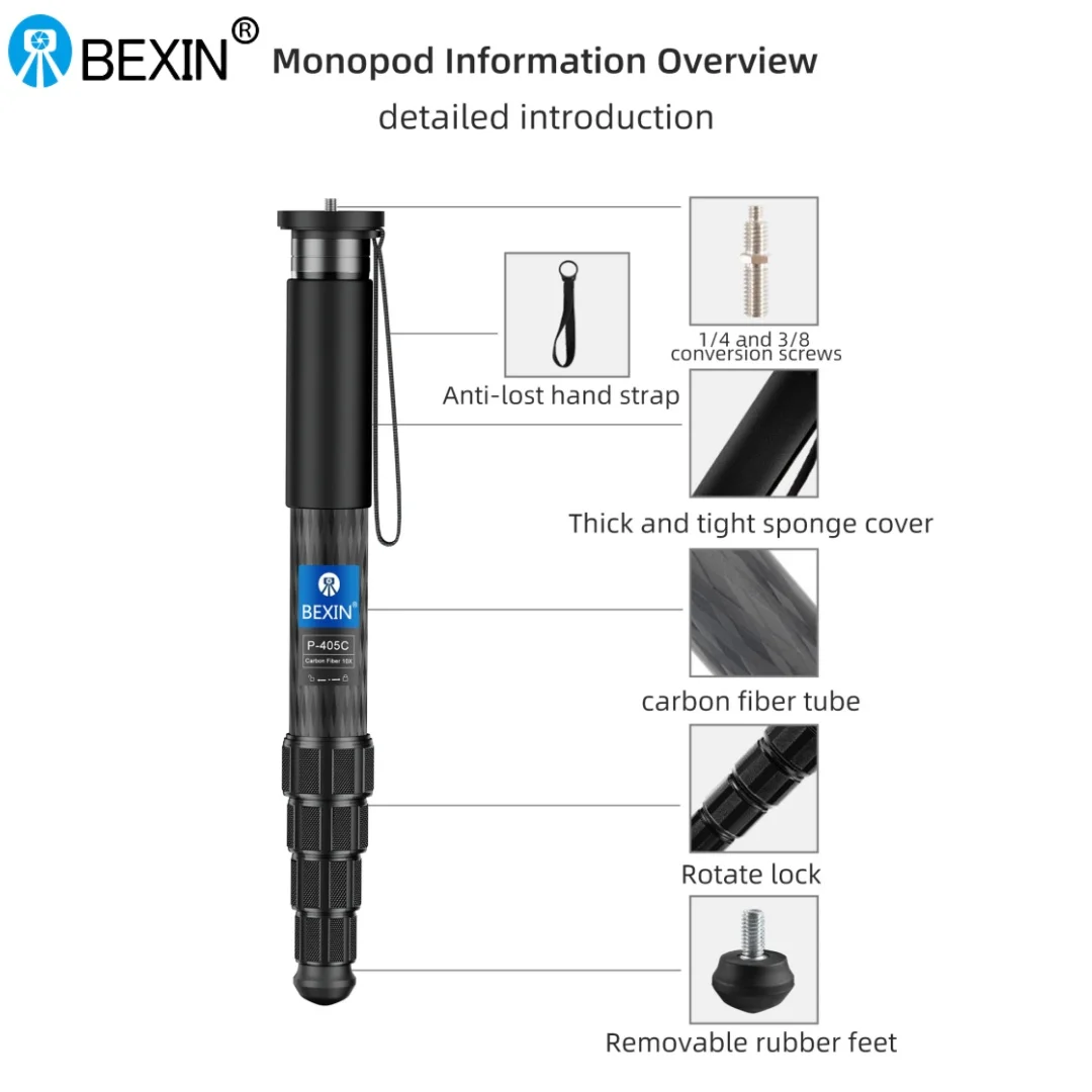 BEXIN P335C/P336C/P365C/P366C/P405C/P406C Monopod z włókna węglowego do podróży, fotografowania, selfie, wysuwany, przenośny uchwyt na aparat