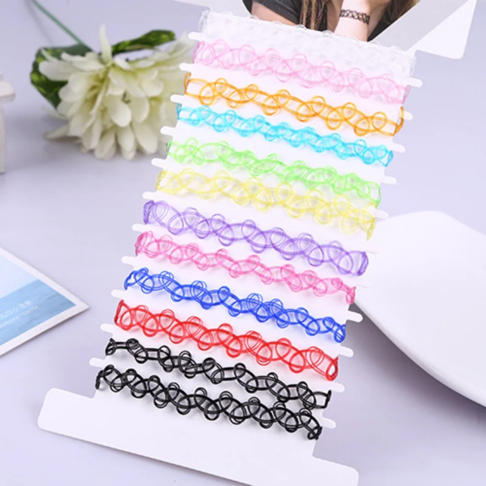 DIY 12PCS Mix Colour Vintage Hippy Stretch Tattoo Choker Necklace Elastic Chocker Necklace Fishing Line Tattoo Necklace