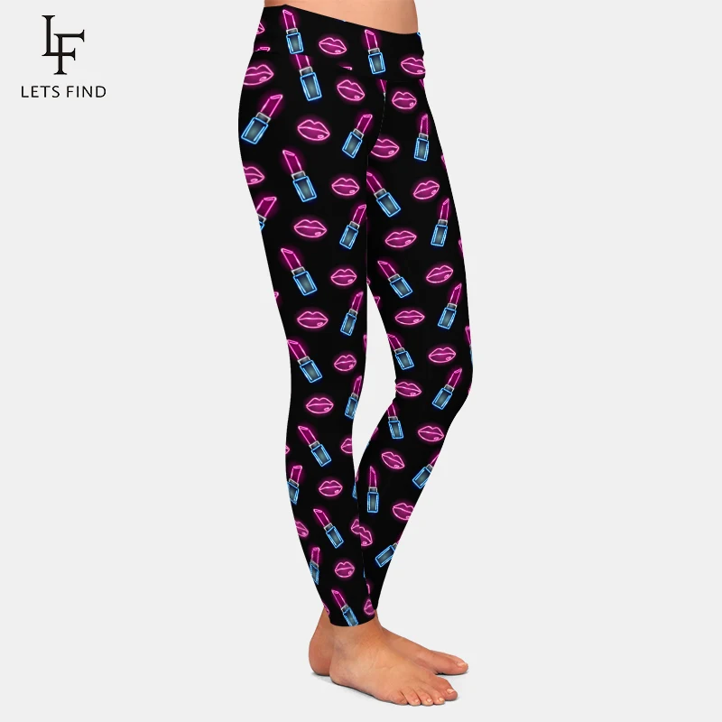 LETSFIND-Leggings con estampado de labios y pintalabios para mujer, Leggings de cintura alta, Fitness, negro